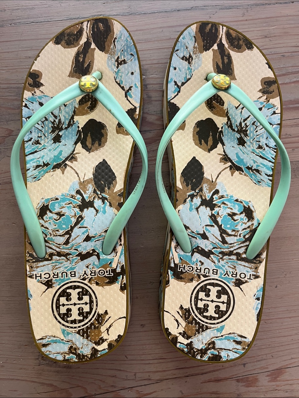 Tory Burch Thandie Platform Wedge Blue Floral Flip Flop